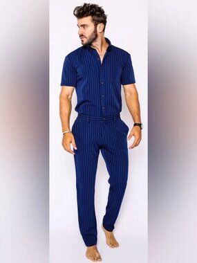 RomperJack Men's Navy Chateaux Jumpsuit Pink Pinstripe Size L NWT